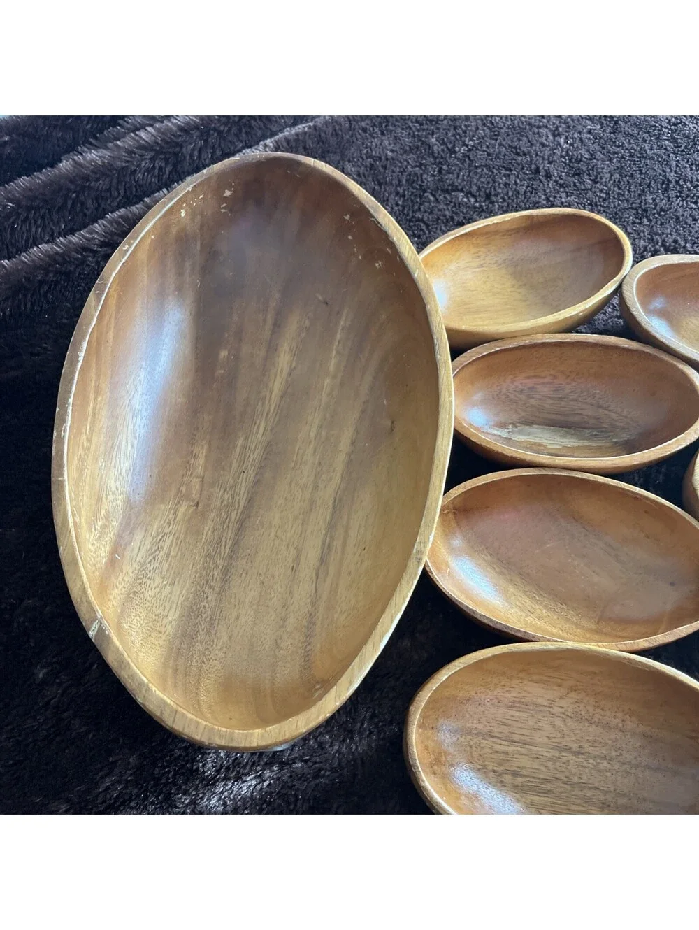 Vintage Genuine Monkey Pod Wood Handcarved Bowls Set Philippines Mid Century 8pc